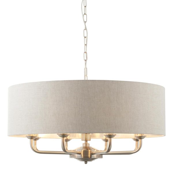 Highclere 8 light pendant with large natural linen shade in brushed chrome on white background