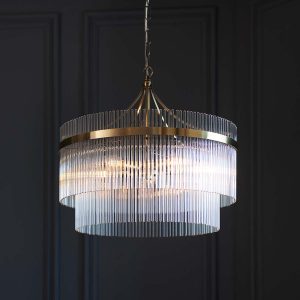 Marietta 5 light antique brass pendant chandelier with clear glass rods in panelled room