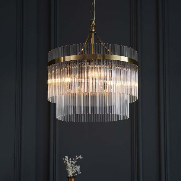 Marietta 3 light antique brass pendant chandelier with clear glass rods in panelled room