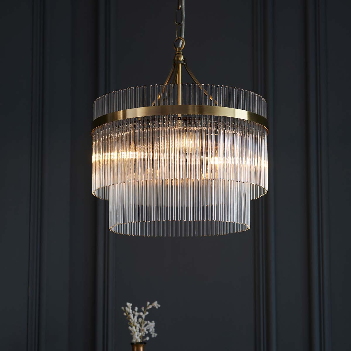 Marietta 3 Light Antique Brass Pendant Chandelier Glass Rods