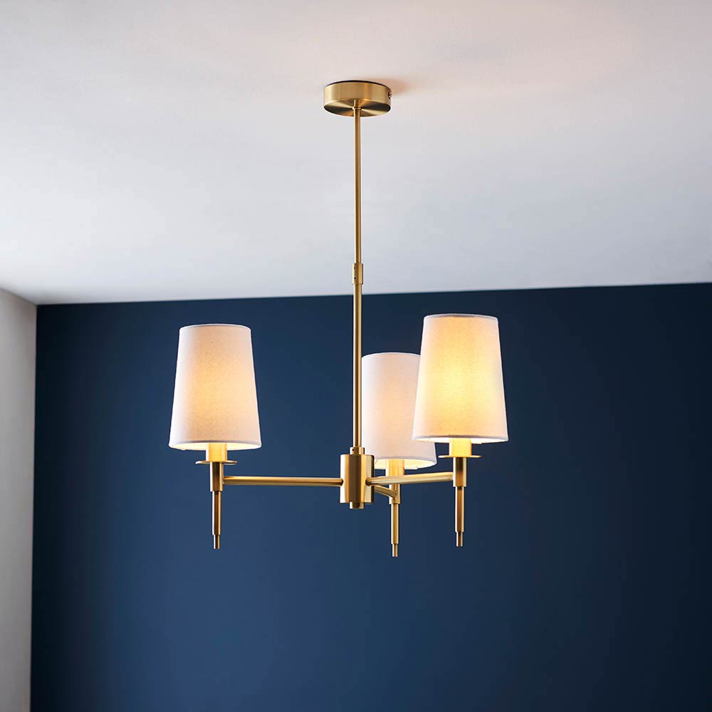 Traditional 3 Light Chandelier in Satin Brass with White Shades