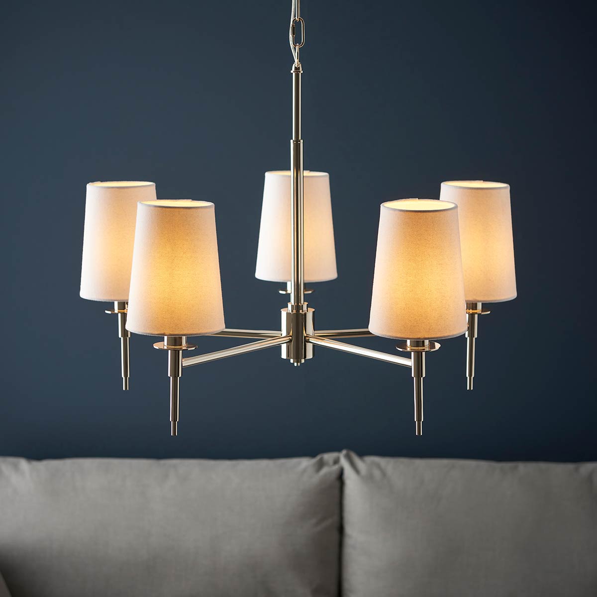 Traditional 5 Light Chandelier in Polished Nickel with White Shades