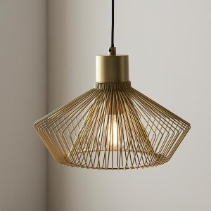 Kimberley 1 light metallic gold cage pendant hanging from room ceiling