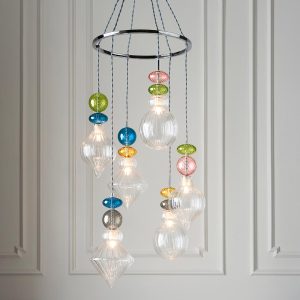 April polished chrome 6 light pendant with multi coloured glass in panelled room