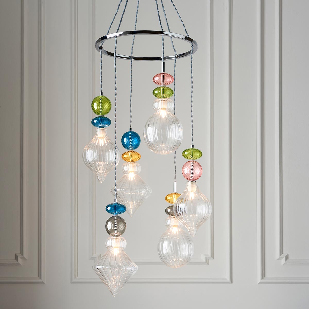 Endon April Chrome 6 Light Pendant Multi Coloured Glass