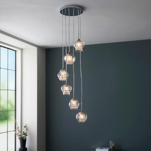 Mesmer polished chrome 6 light cluster pendant in living room