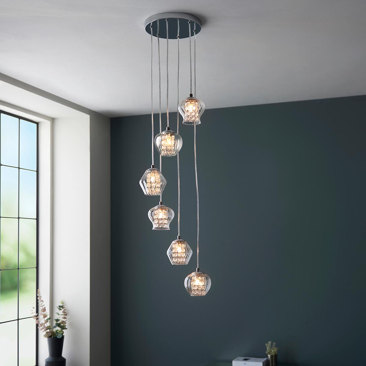 Endon Mesmer Chrome 6 Light Cluster Pendant Ribbed Glass