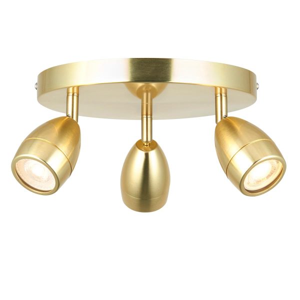 Porto 3 light satin brass plated bathroom ceiling spot light plate on white background
