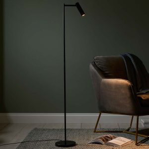 Modern LED dedicated floor reading lamp in matt black in sitting room setting