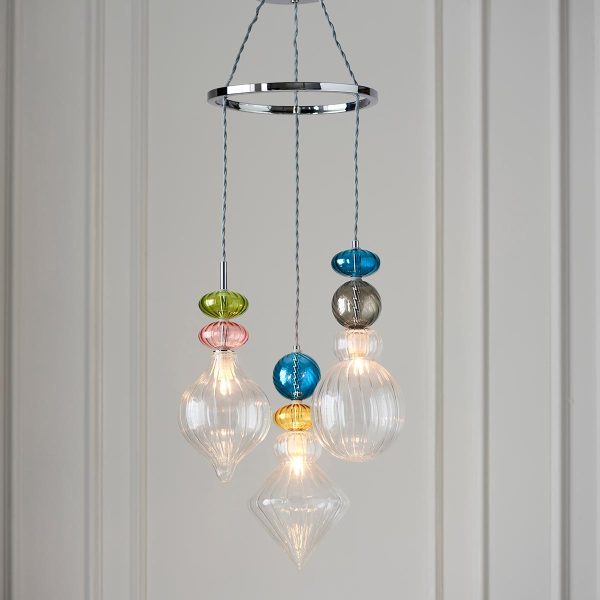 April polished chrome 3 light pendant with multi coloured glass in panelled room