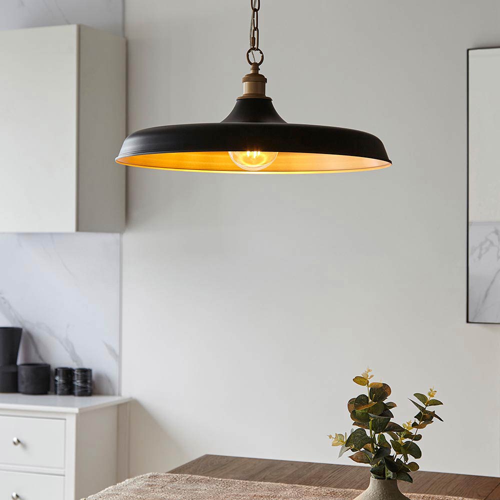 Classic Matt Black Kitchen Pendant with Satin Brass