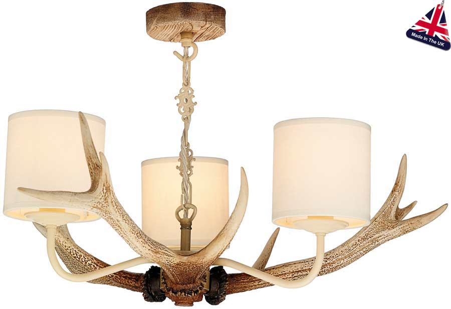 David Hunt Antler 3 Light Rustic Cream Chandelier Drum Shades