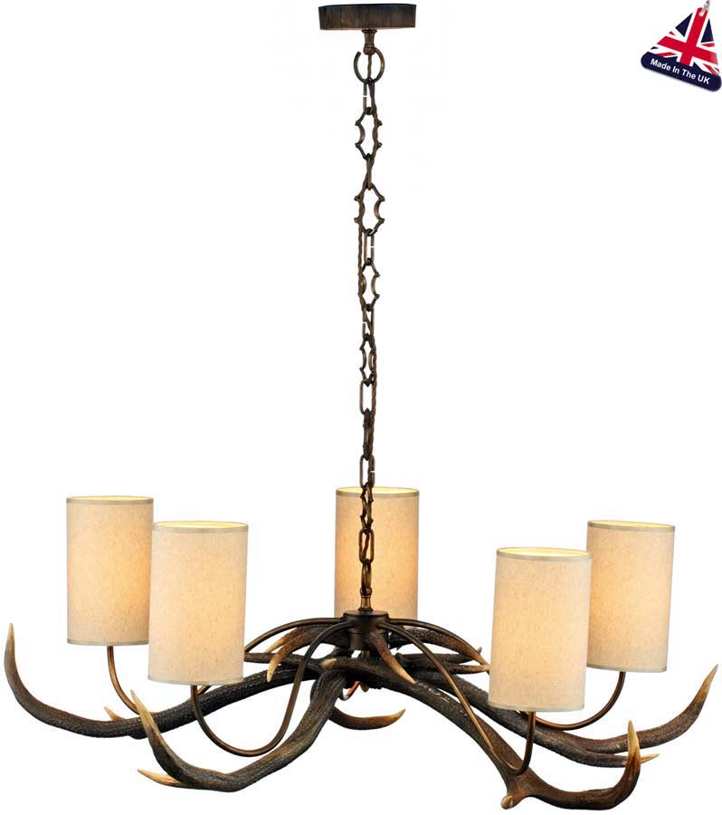 David Hunt Antler 5 Light Highland Rustic Chandelier Cream Shades