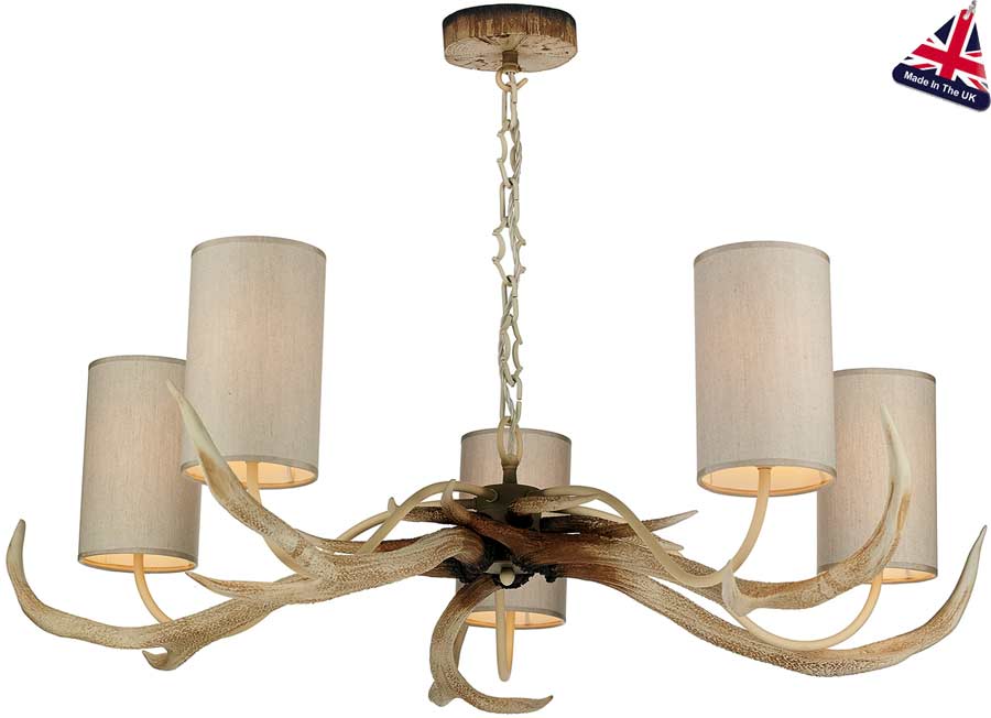 David Hunt Antler 5 Light Rustic Cream Chandelier Drum Shades