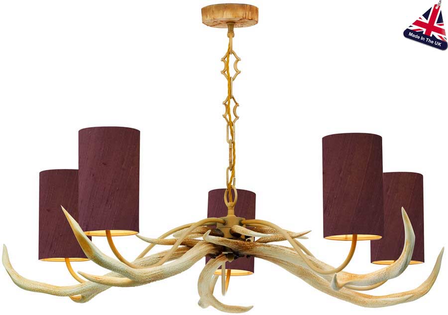 David Hunt Antler 5 Light Rustic Cream Chandelier Silk Shades