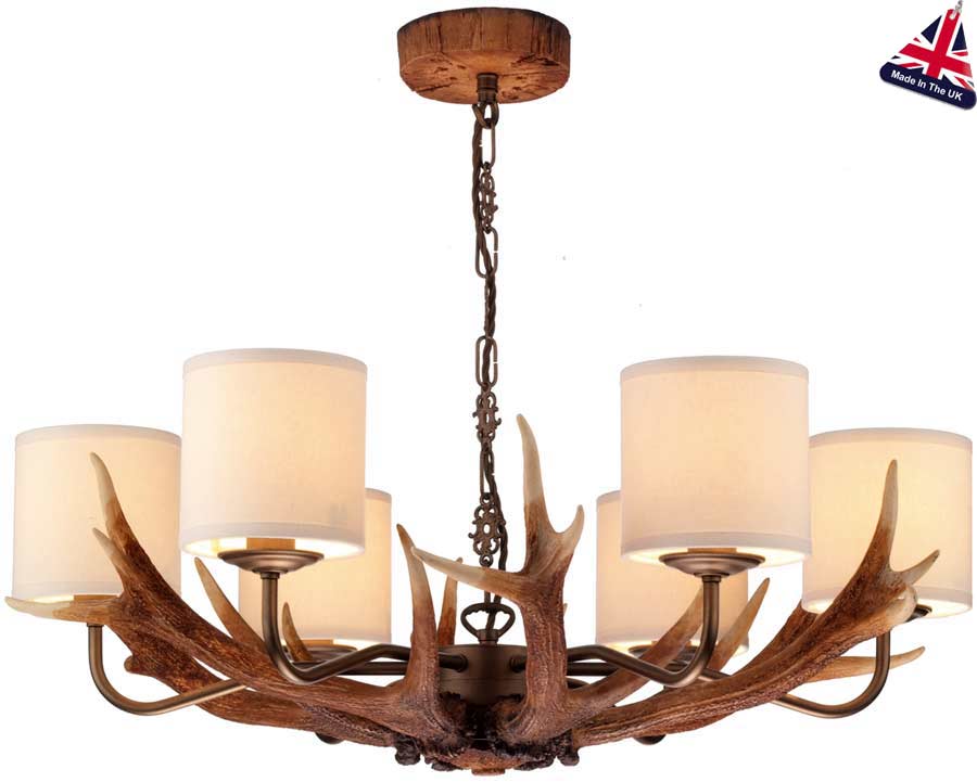 David Hunt Antler 6 Light Highland Rustic Chandelier Cream Shades