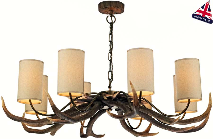 David Hunt Antler 8 Light Highland Rustic Chandelier Cream Shades