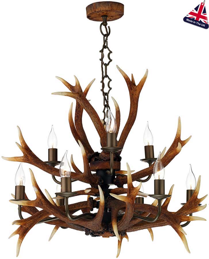 David Hunt Antler 9 Light Highland Rustic Chandelier UK Made