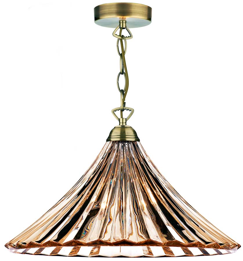 Dar Ardeche Fluted Amber Glass 1 Light Ceiling Pendant Brass