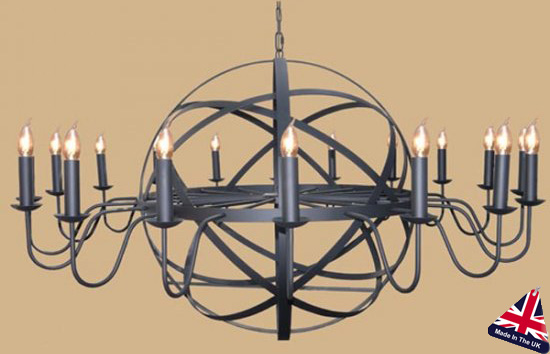 Archimedes Very Large 18 Light Wrought, Black Wrought Iron Orb Chandelier