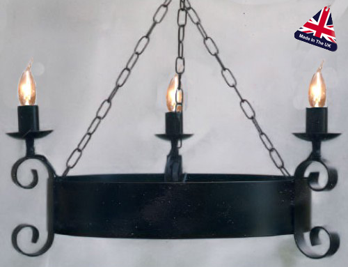 Scroll Small Wrought Iron Cartwheel 3 Light Fitting UK Made