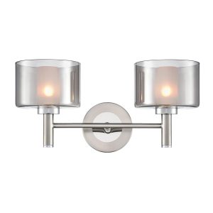 Franklite Argento double wall light in satin nickel, on white background, lit.