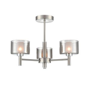Franklite Argento 3 light semi flush ceiling light in satin nickel, on white background, lit.