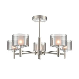 Franklite Argento 5 light semi flush ceiling light in satin nickel, on white background, lit.