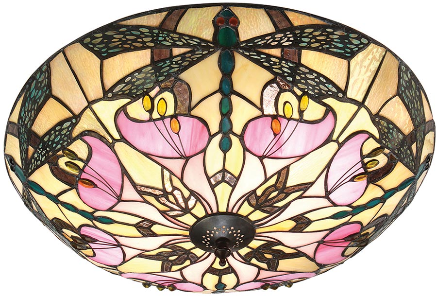Ashton Flush Tiffany Ceiling Lamp Art Nouveau Dragonfly