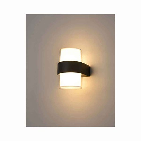 Franklite Aura modern 2 light LED exterior up down wall light in matt black and rated IP54, shown lit on grey background.