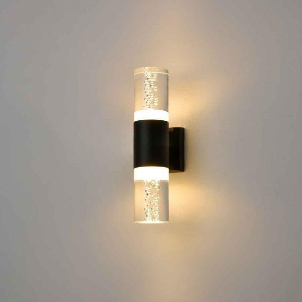 Aura 2 light LED acrylic bubble tubes outdoor wall light by Franklite and rated IP54, shown lit on grey background.