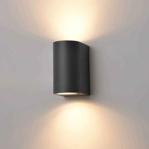 Franklite Aura 2 light outdoor wall up down spotlight in charcoal and rated IP44, shown lit on grey background.