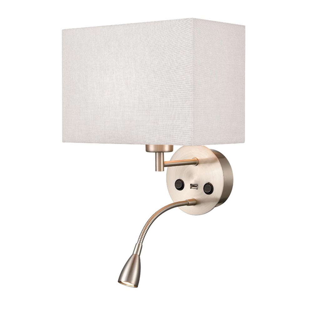 Franklite Austen wall light with rectangular shade in off-white, with LED reading light and USB port in satin nickel.