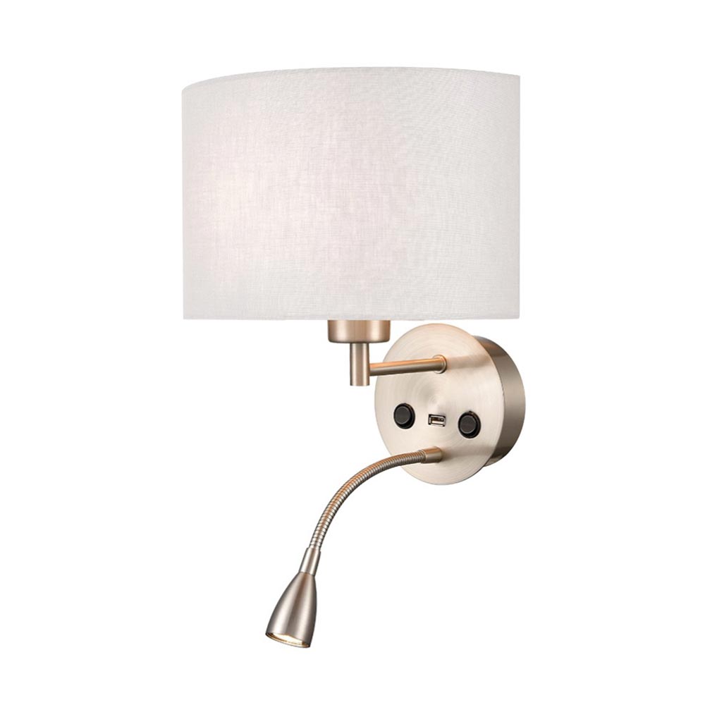 Franklite Austen wall light with curved shade in off-white, with LED reading light and USB port in satin nickel.