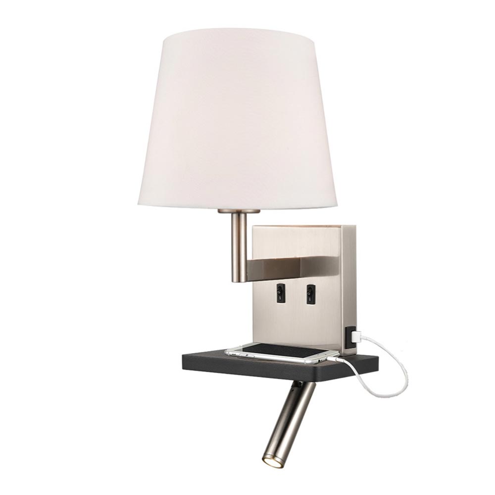 Austen Wall Light with Charging Pad, Tapered Shade & LED Reading Light