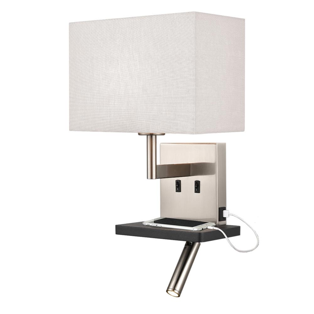 Franklite Austen wall light with charging pad, off-white rectangular shade and LED reading light.