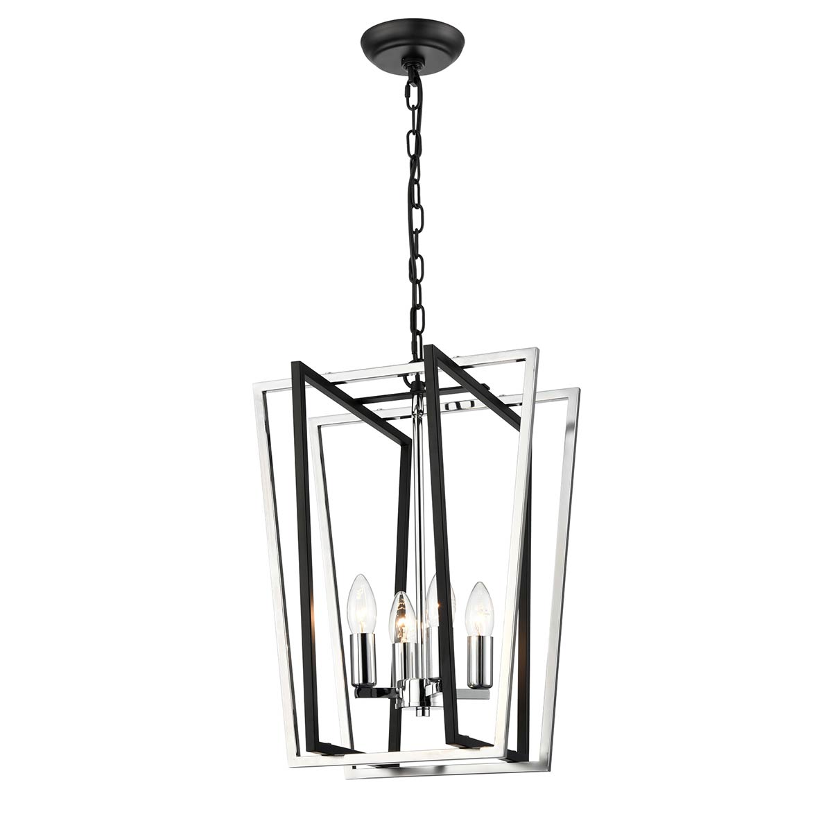 Franklite Aviary large 4 light contemporary lantern in matt black and polished chrome, on white background.