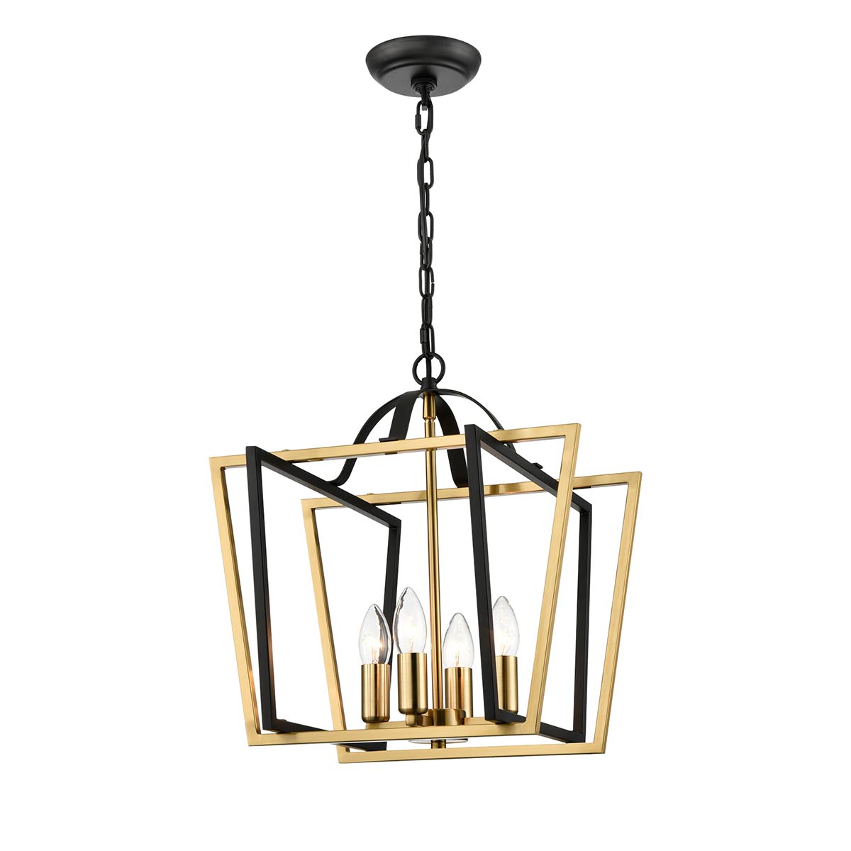 Franklite Aviary small 4 light contemporary lantern in matt black and aged brass on white background.