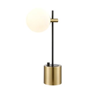 Franklite Axle dimmable table lamp in satin brass and matt black, on white background.