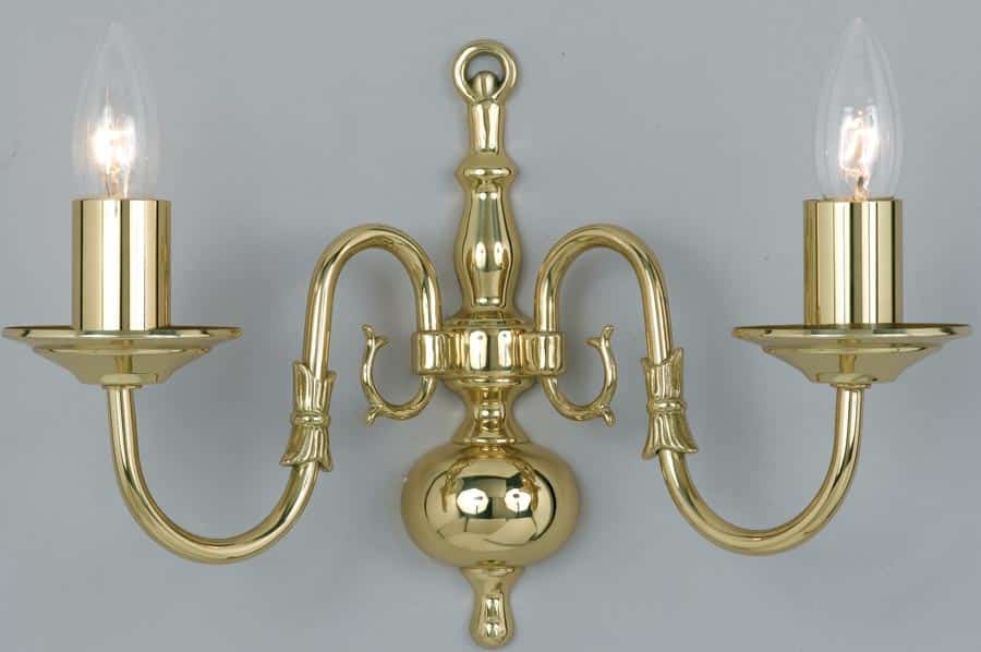 Flemish Style Solid Polished Brass Traditional 2 Lamp Wall Light