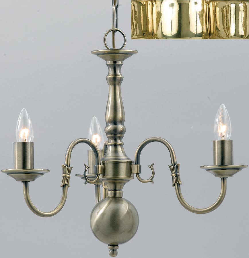 Flemish Style Solid Polished Brass Traditional 3 Light Chandelier