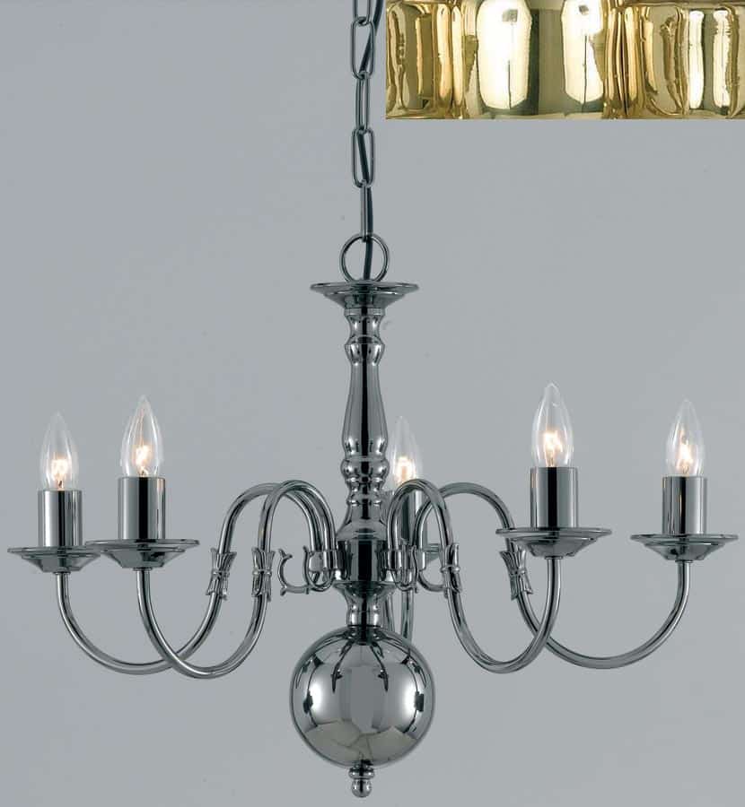 Flemish Style Solid Polished Brass Traditional 5 Light Chandelier