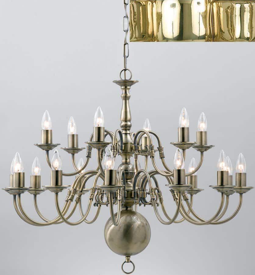 Flemish Style Large Solid Polished Brass 18 Light Chandelier