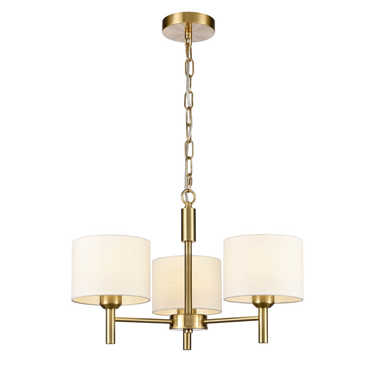 Franklite Barolo 3 light dual mount ceiling light in aged brass with off-white textured fabric shades, full height on white background, lit.
