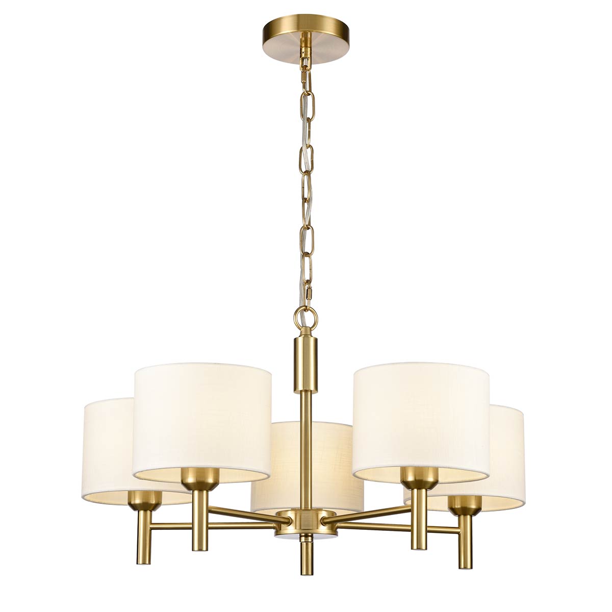 Franklite Barolo 5 light dual mount ceiling light in aged brass finish with off-white textured fabric shades, full height on white background.