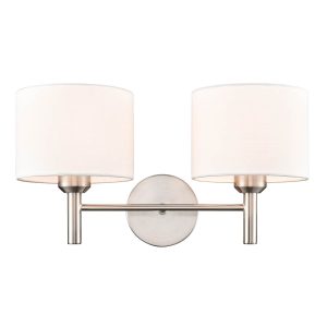 Franklite Barolo twin satin nickel wall light with off-white textured fabric shades, on white background, lit.