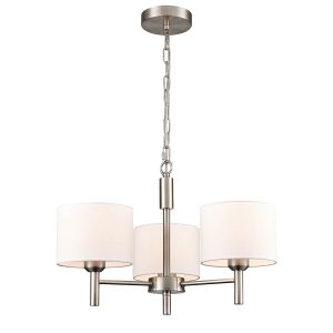 Franklite Barolo 3 light dual mount ceiling light in satin nickel with off-white textured fabric shades, full height on white background, lit.
