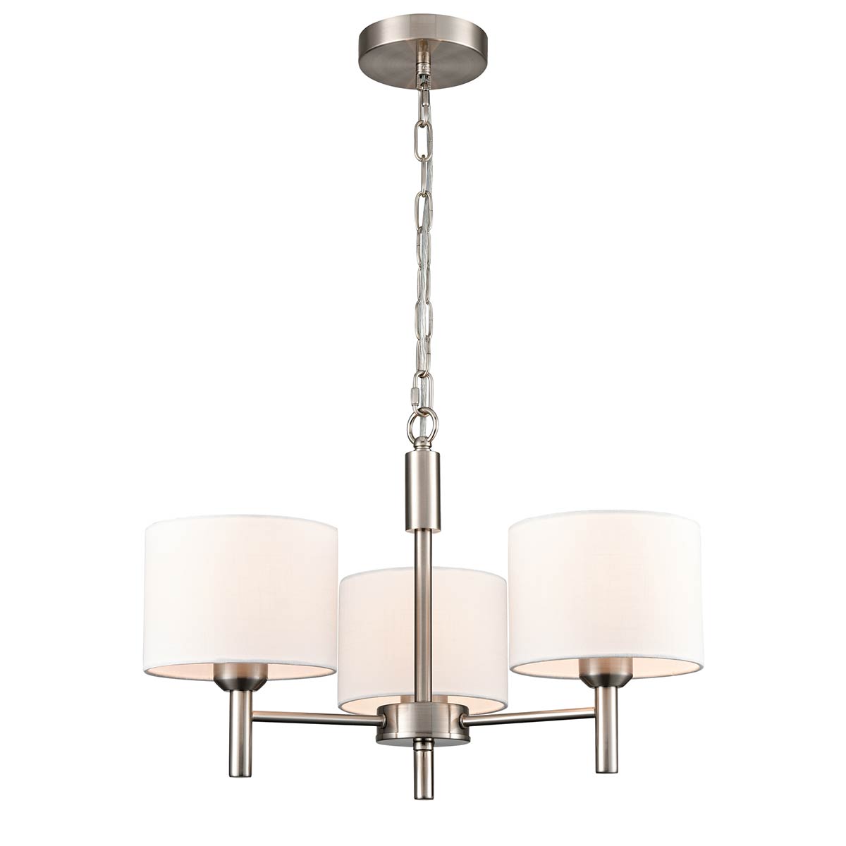 Franklite Barolo 3 light dual mount ceiling light in satin nickel with off-white textured fabric shades, full height on white background, lit.