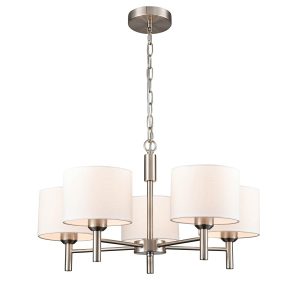 Franklite Barolo 5 light dual mount ceiling light in satin nickel with off-white textured fabric shades, full height on white background, lit.