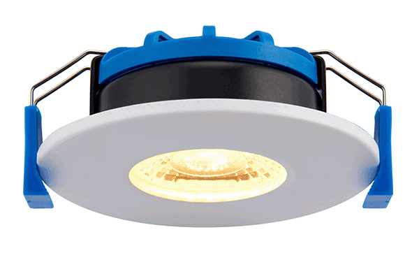 Low profile bathroom downlight in white.